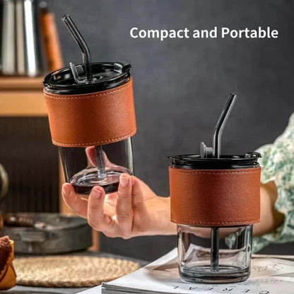 Bamboo Joint Glass Cup with Lid & Straw | 13oz Can-Shaped Tumbler with Leather Sleeve