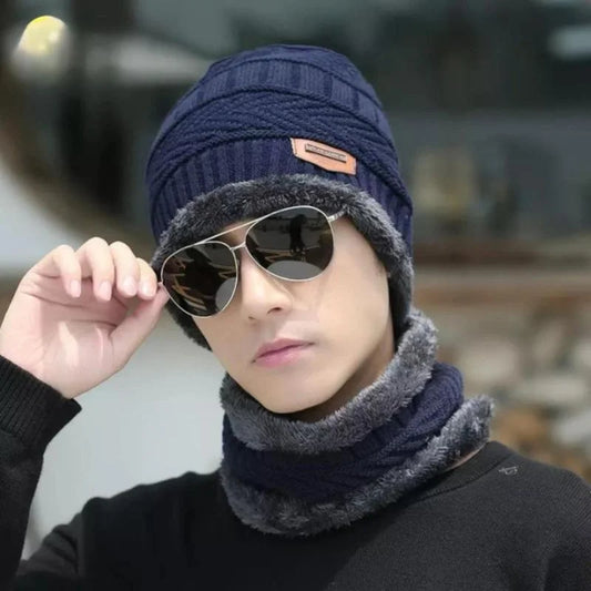 Winter Wool Cap with Neck Warmer Set | Thermal Beanie & Scarf Combo for Men and Women | Blue And Gray